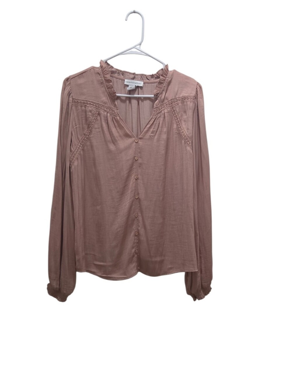 Cupcakes and Cashmere M Blush Pink Lace Trim Button Front Boho Peasant Blouse